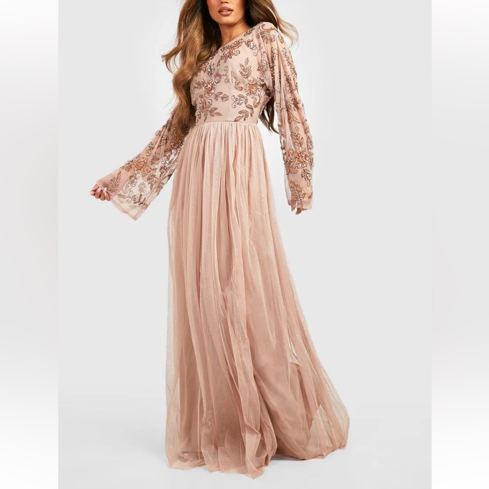 Boohoo Bridesmaid Hand Embellished Long Sleeve Maxi Dress